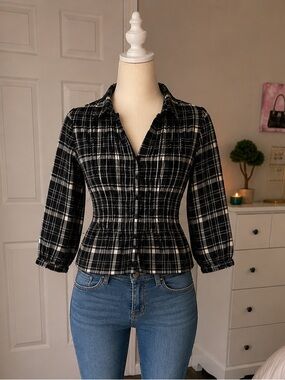 St. John’s Bay Black and White Plaid Button-Front Peplum Shirt